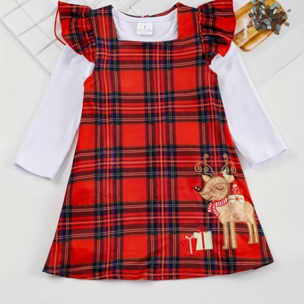 🆕 festive plaid two piece Christmas reindeer outfit set